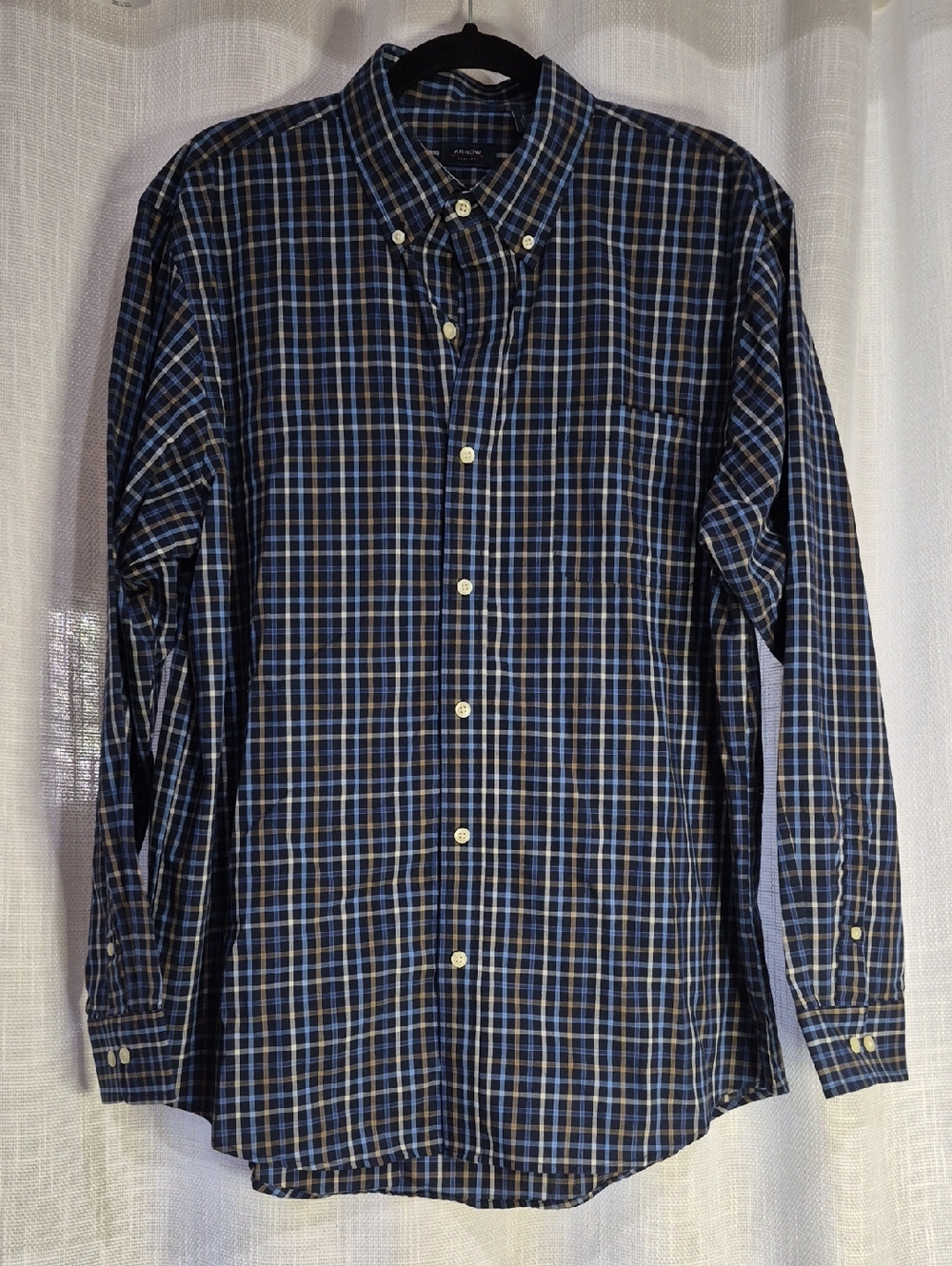 Men's Arrow Navy Brown and White Plaid Button-Down Shirt